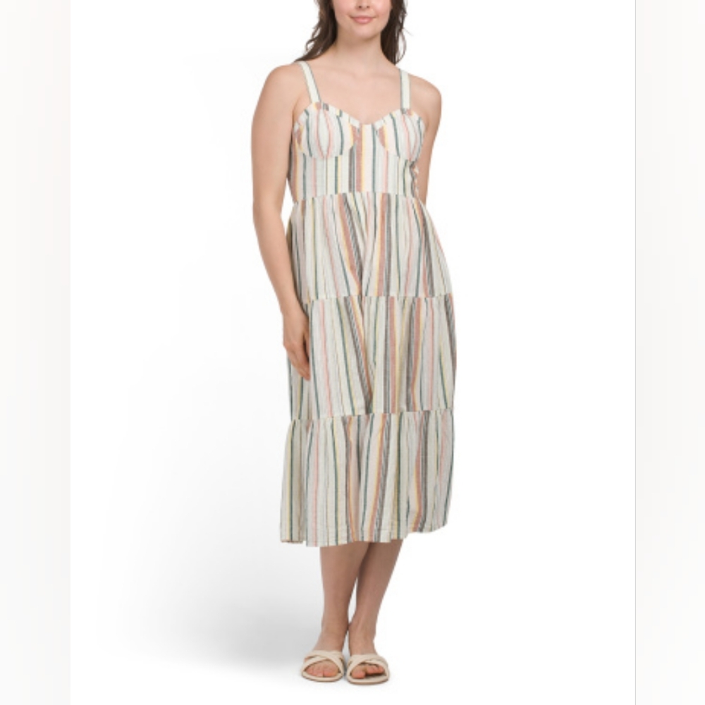 NWT - Lucky Brand Linen Blend Multi Colored Striped Tiered Midi Dress - L